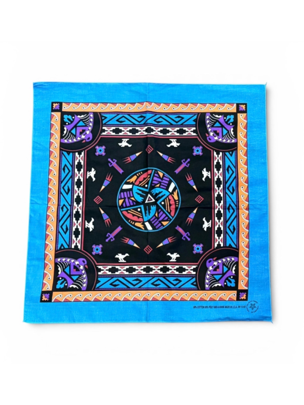 Vintage 80s Hav-A-Hank Southwestern Thunderbird Bandana Blue USA RN15187 21x21